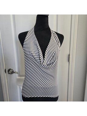 H&M White/Black Striped Crêpe Halterneck Top Womens Sz XS (26-0201)